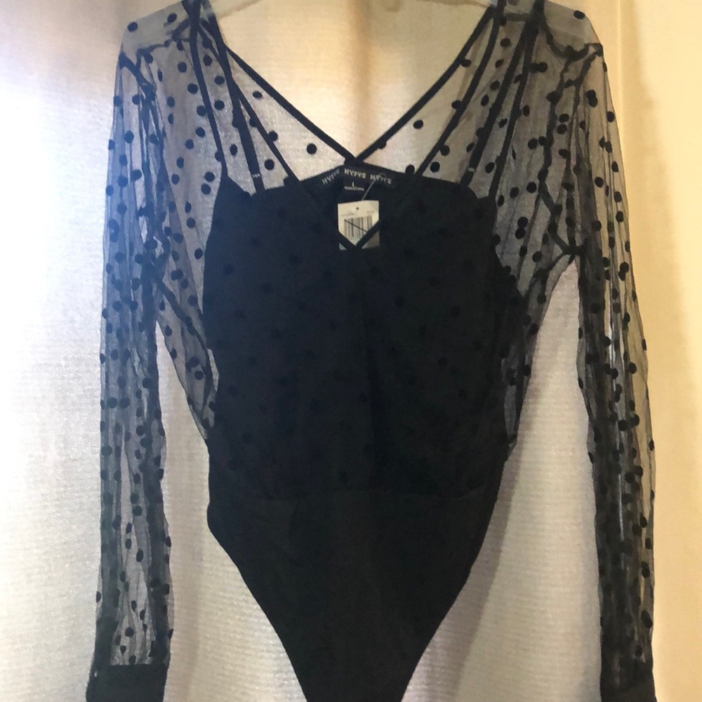 Black polka dot body suit with sheer blouse size L